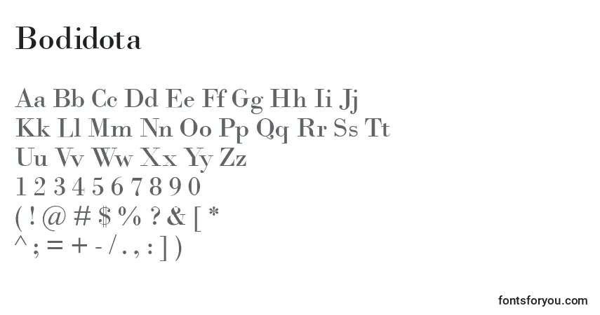 Schriftart Bodidota – Alphabet, Zahlen, spezielle Symbole