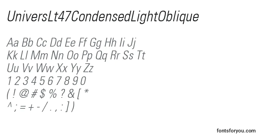 Czcionka UniversLt47CondensedLightOblique – alfabet, cyfry, specjalne znaki