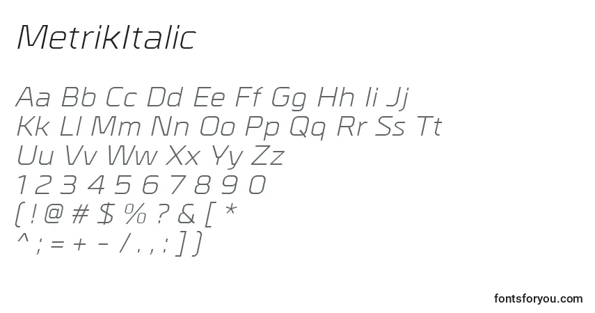 Czcionka MetrikItalic – alfabet, cyfry, specjalne znaki