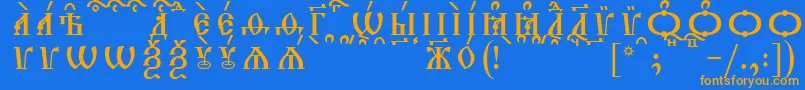 フォントTriodionCapsKucsSpacedout – オレンジ色の文字が青い背景にあります。