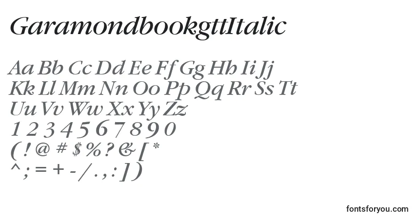Fuente GaramondbookgttItalic - alfabeto, números, caracteres especiales