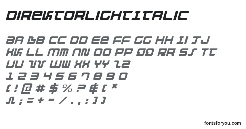 Шрифт DirektorLightItalic – алфавит, цифры, специальные символы
