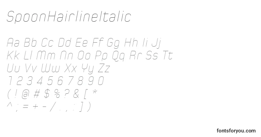 Schriftart SpoonHairlineItalic – Alphabet, Zahlen, spezielle Symbole
