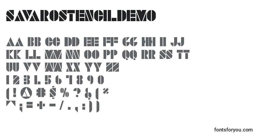 Шрифт SavaroStencilDemo – алфавит, цифры, специальные символы