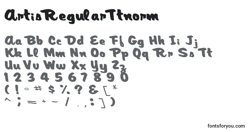 Czcionka ArtisRegularTtnorm – alfabet, cyfry, specjalne znaki