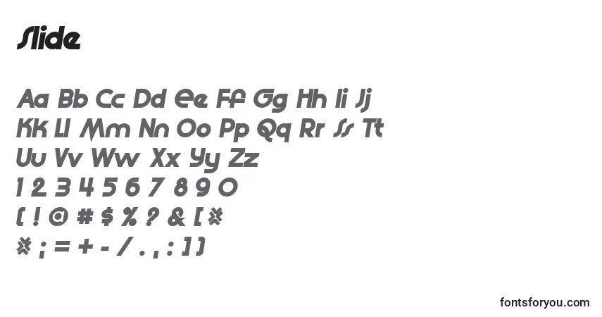 A fonte Slide – alfabeto, números, caracteres especiais