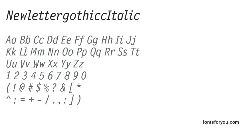 Schriftart NewlettergothiccItalic – Alphabet, Zahlen, spezielle Symbole