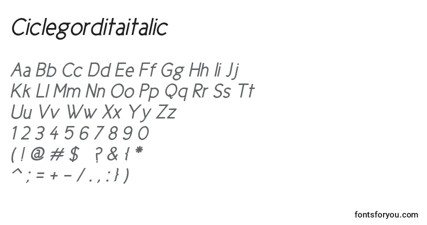 Czcionka Ciclegorditaitalic – alfabet, cyfry, specjalne znaki