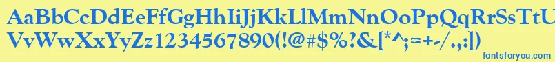 Weitere Informationen zur Goudyoldstyteeextbol-Schriftart Goudyoldstyteeextbol-Schriftart – Blaue Schriften auf gelbem Hintergrund