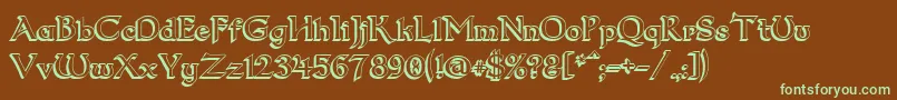 フォントDum23D – 緑色の文字が茶色の背景にあります。