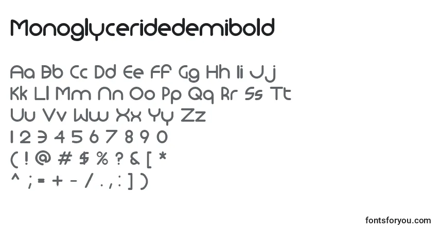 A fonte Monoglyceridedemibold – alfabeto, números, caracteres especiais