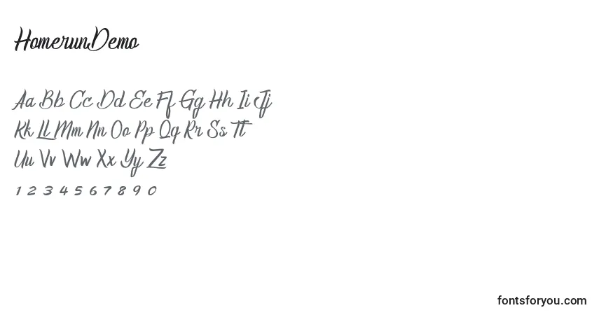 A fonte HomerunDemo (76071) – alfabeto, números, caracteres especiais