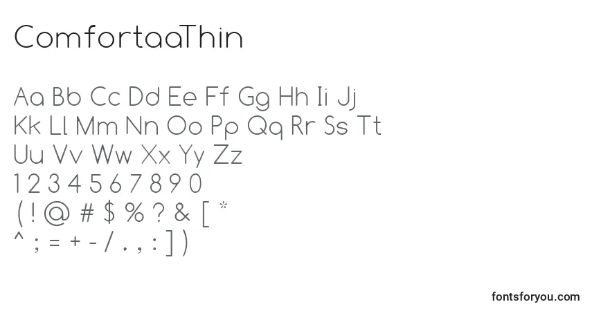 Czcionka ComfortaaThin – alfabet, cyfry, specjalne znaki