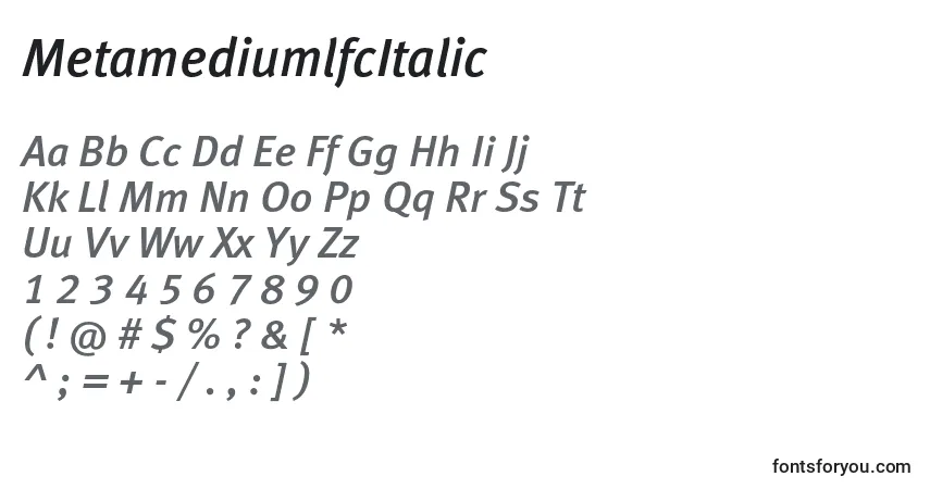 Шрифт MetamediumlfcItalic – алфавит, цифры, специальные символы