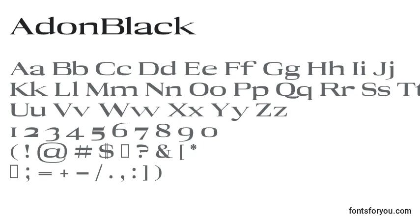 A fonte AdonBlack – alfabeto, números, caracteres especiais