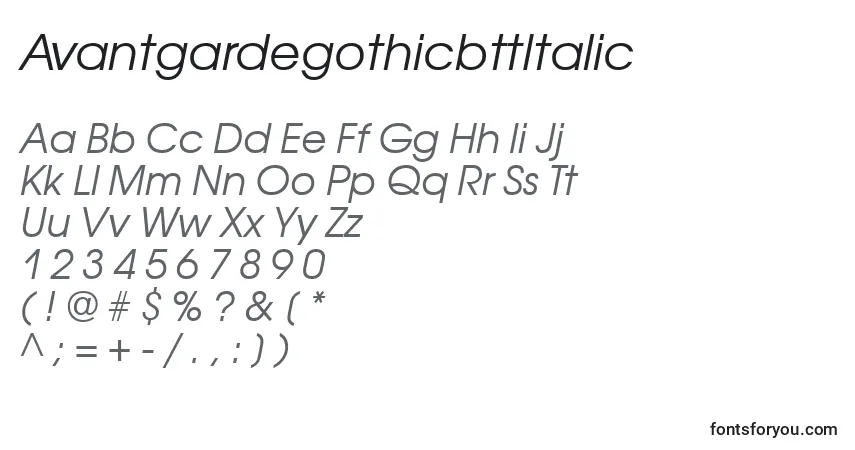 Czcionka AvantgardegothicbttItalic – alfabet, cyfry, specjalne znaki