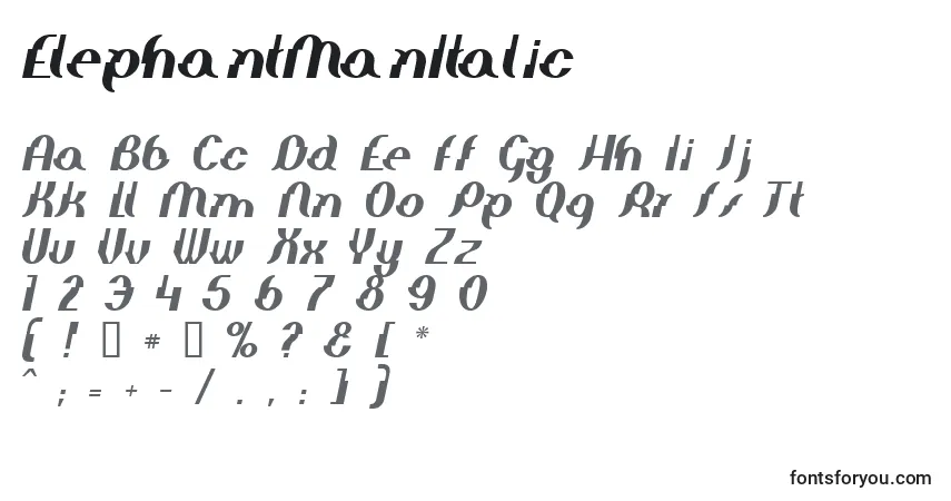 Czcionka ElephantManItalic – alfabet, cyfry, specjalne znaki