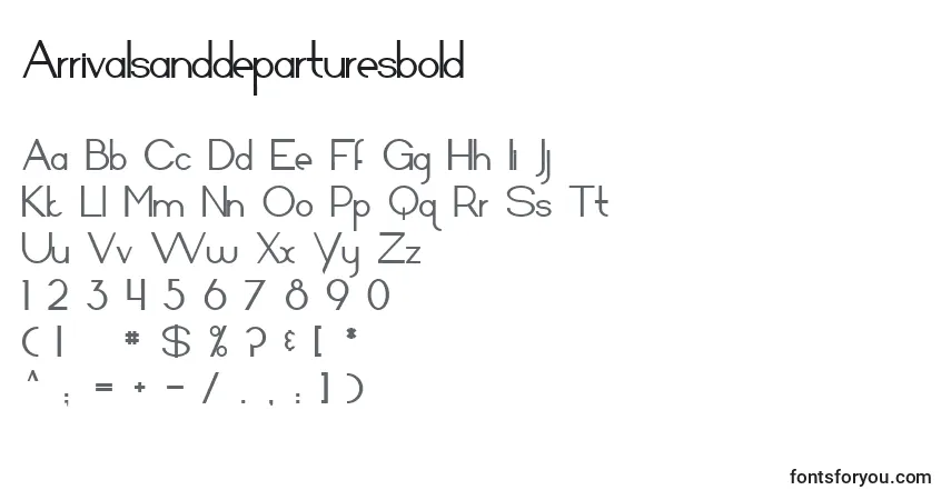 A fonte Arrivalsanddeparturesbold – alfabeto, números, caracteres especiais