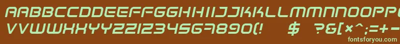 フォントSpaceFrigateItalic – 緑色の文字が茶色の背景にあります。