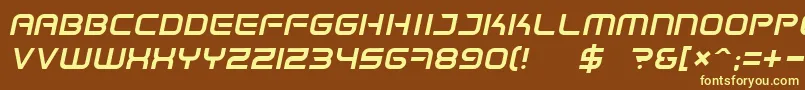 SpaceFrigateItalic-fontti – keltaiset fontit ruskealla taustalla