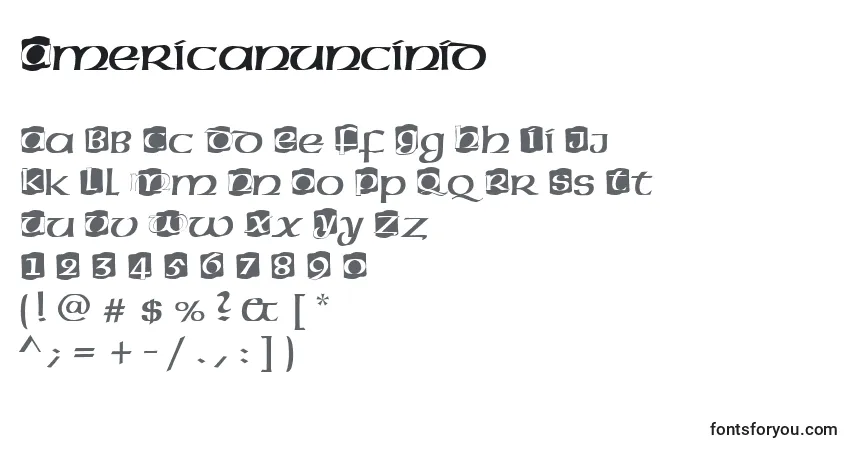 Czcionka Americanuncinid – alfabet, cyfry, specjalne znaki