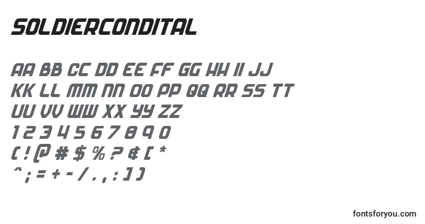 Czcionka Soldiercondital – alfabet, cyfry, specjalne znaki