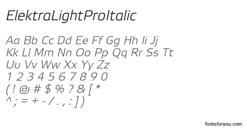 Czcionka ElektraLightProItalic – alfabet, cyfry, specjalne znaki