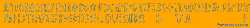 Rongorongod-Schriftart – Blaue Schriften auf orangefarbenem Hintergrund