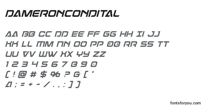 Czcionka Dameroncondital – alfabet, cyfry, specjalne znaki