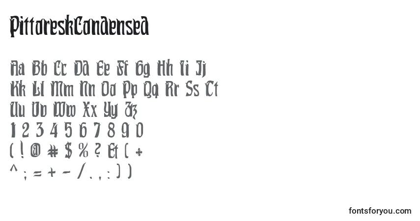 Czcionka PittoreskCondensed – alfabet, cyfry, specjalne znaki