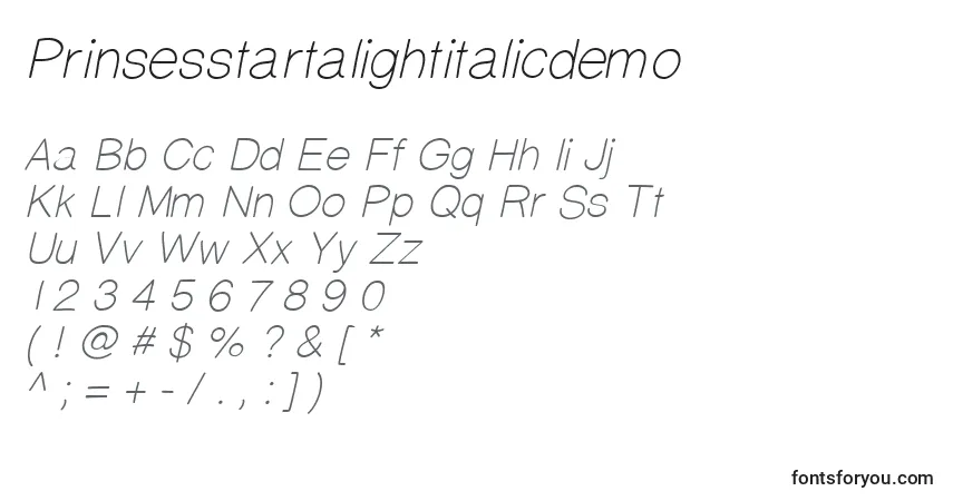 Czcionka Prinsesstartalightitalicdemo – alfabet, cyfry, specjalne znaki