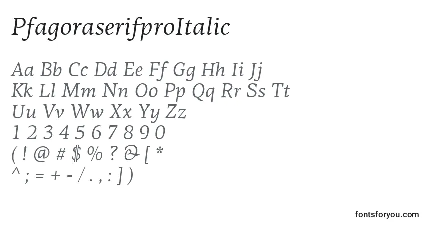 A fonte PfagoraserifproItalic – alfabeto, números, caracteres especiais