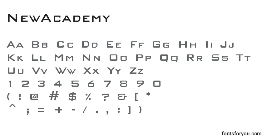 Fuente NewAcademy - alfabeto, números, caracteres especiales