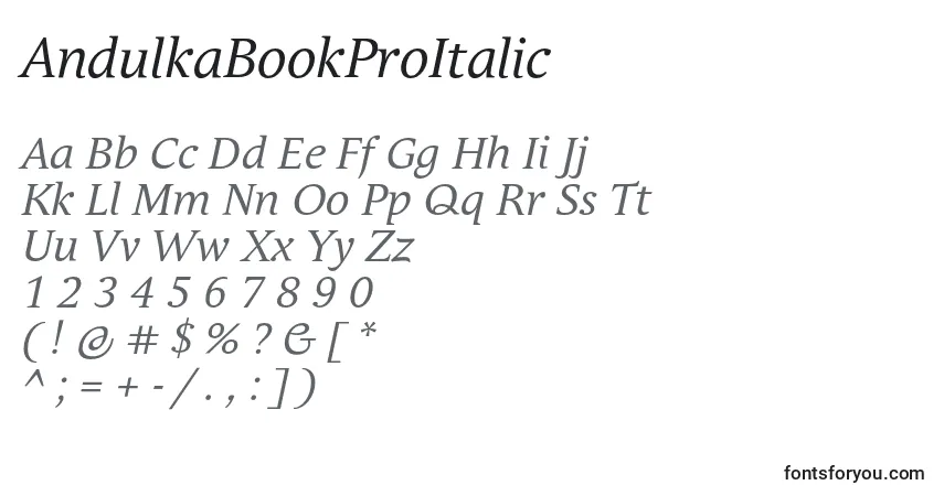 Schriftart AndulkaBookProItalic – Alphabet, Zahlen, spezielle Symbole