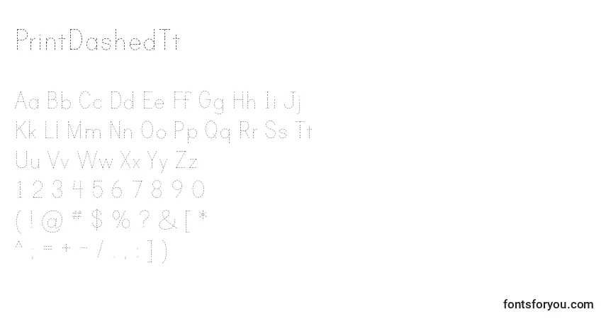 Czcionka PrintDashedTt – alfabet, cyfry, specjalne znaki