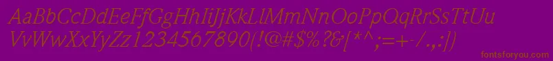 Fonte ItcWeidemannLtBookItalic – fontes marrons em um fundo roxo