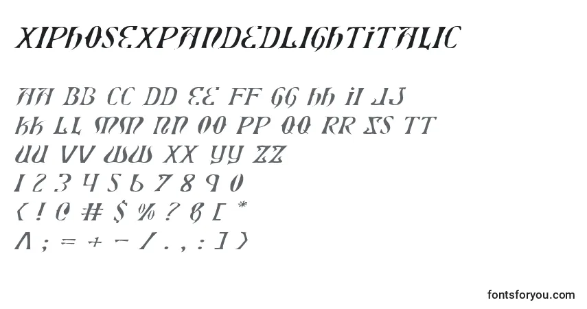 Шрифт XiphosExpandedLightItalic – алфавит, цифры, специальные символы
