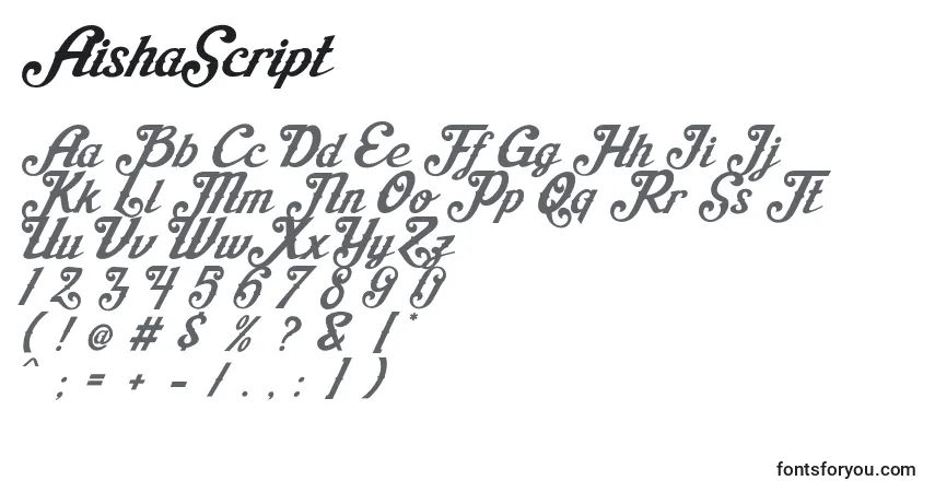 Czcionka AishaScript – alfabet, cyfry, specjalne znaki