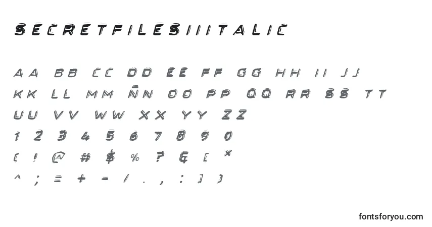 A fonte SecretFilesIiItalic – alfabeto, números, caracteres especiais