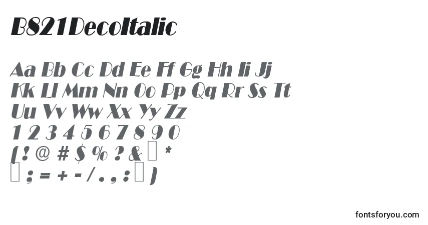 Schriftart B821DecoItalic – Alphabet, Zahlen, spezielle Symbole