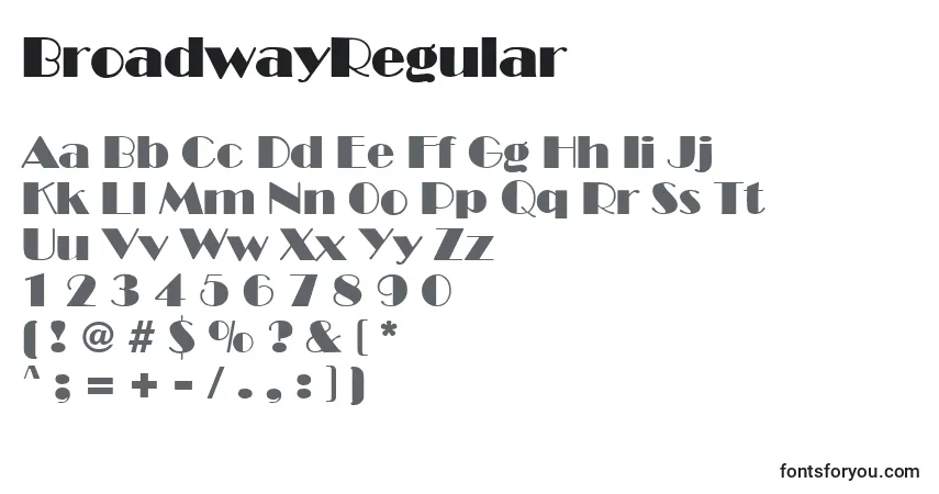Czcionka BroadwayRegular – alfabet, cyfry, specjalne znaki