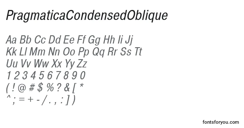 A fonte PragmaticaCondensedOblique – alfabeto, números, caracteres especiais
