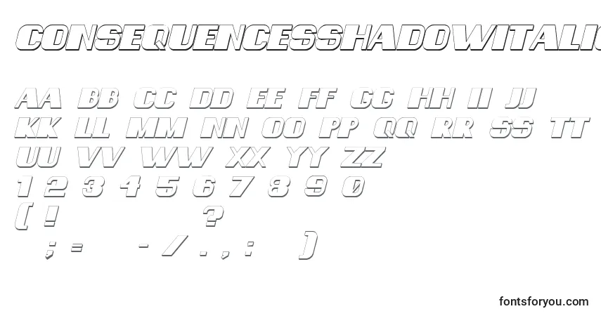 Шрифт ConsequencesShadowItalic – алфавит, цифры, специальные символы
