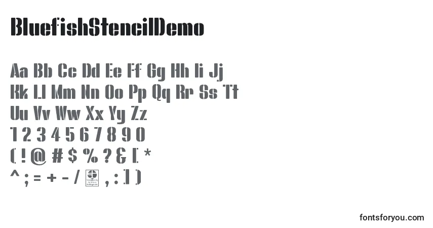 Schriftart BluefishStencilDemo – Alphabet, Zahlen, spezielle Symbole
