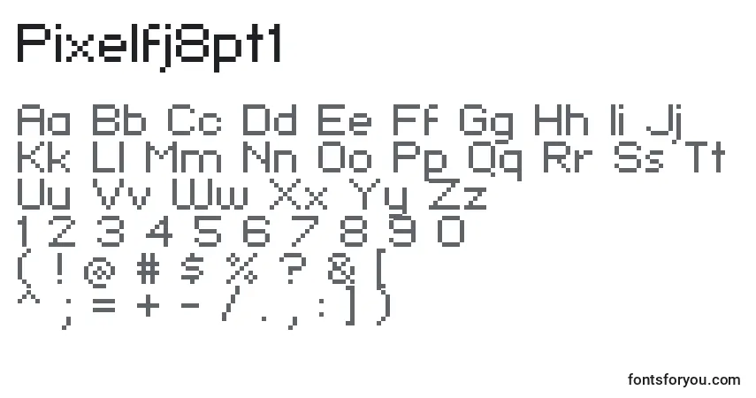 Czcionka Pixelfj8pt1 – alfabet, cyfry, specjalne znaki