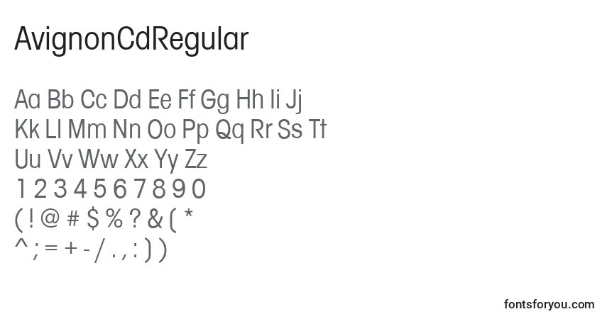Czcionka AvignonCdRegular – alfabet, cyfry, specjalne znaki