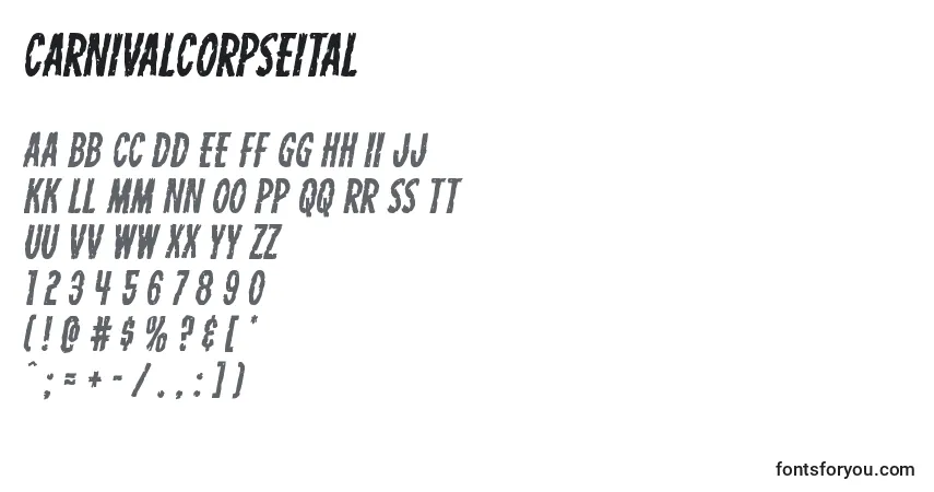 Czcionka Carnivalcorpseital – alfabet, cyfry, specjalne znaki