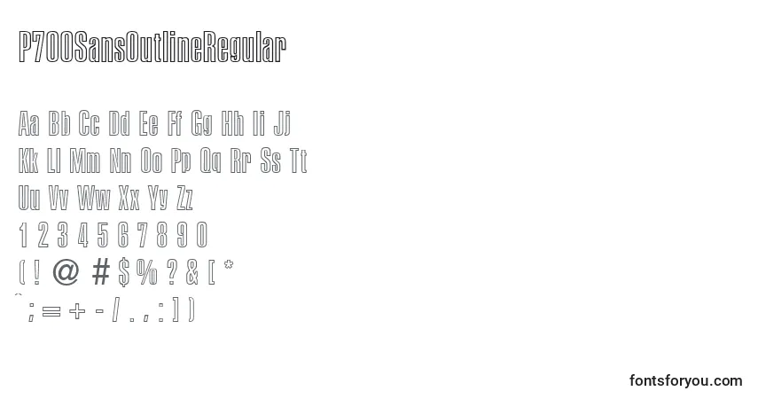 Czcionka P700SansOutlineRegular – alfabet, cyfry, specjalne znaki