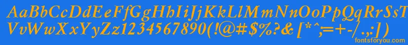 フォントMyslcttBolditalic – オレンジ色の文字が青い背景にあります。