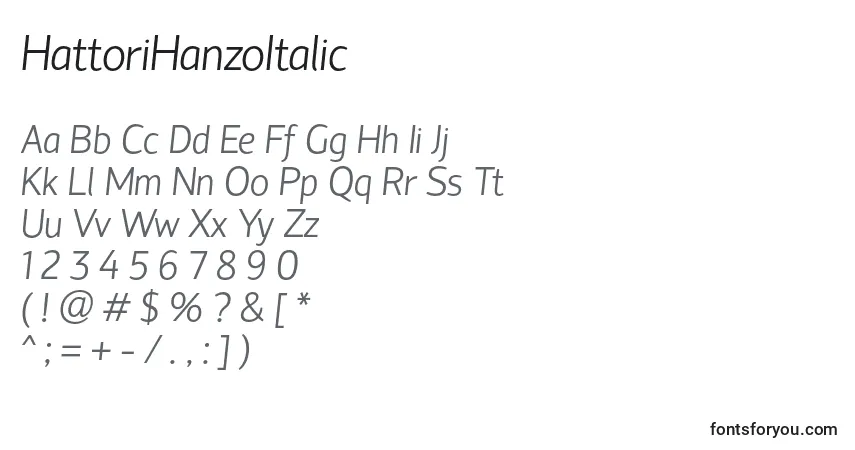 A fonte HattoriHanzoItalic – alfabeto, números, caracteres especiais